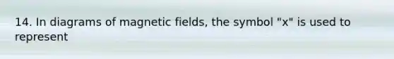 14. In diagrams of <a href='https://www.questionai.com/knowledge/kqorUT4tK2-magnetic-fields' class='anchor-knowledge'>magnetic fields</a>, the symbol "x" is used to represent