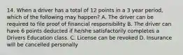 14. When a driver has a total of 12 points in a 3 year period, which of the following may happen? A. The driver can be required to file proof of financial responsibility B. The driver can have 6 points deducted if he/she satisfactorily completes a Drivers Education class. C. License can be revoked D. Insurance will be cancelled personally