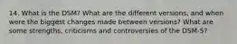 14. What is the DSM? What are the different versions, and when were the biggest changes made between versions? What are some strengths, criticisms and controversies of the DSM-5?