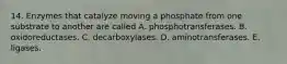 14. Enzymes that catalyze moving a phosphate from one substrate to another are called A. phosphotransferases. B. oxidoreductases. C. decarboxylases. D. aminotransferases. E. ligases.