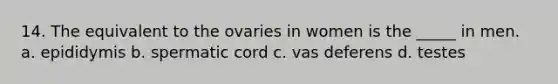 14. The equivalent to the ovaries in women is the _____ in men. a. epididymis b. spermatic cord c. vas deferens d. testes