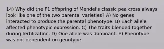 14) Why did the F1 offspring of Mendel's classic pea cross always look like one of the two parental varieties? A) No genes interacted to produce the parental phenotype. B) Each allele affected phenotypic expression. C) The traits blended together during fertilization. D) One allele was dominant. E) Phenotype was not dependent on genotype.