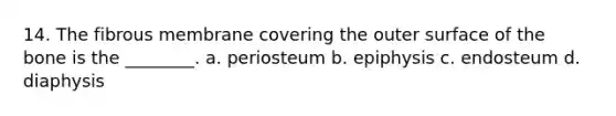 14. The fibrous membrane covering the outer surface of the bone is the ________. a. periosteum b. epiphysis c. endosteum d. diaphysis