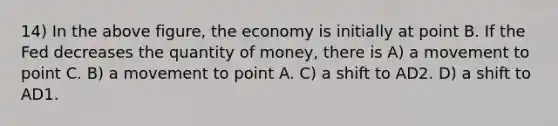 14) In the above figure, the economy is initially at point B. If the Fed decreases the quantity of money, there is A) a movement to point C. B) a movement to point A. C) a shift to AD2. D) a shift to AD1.