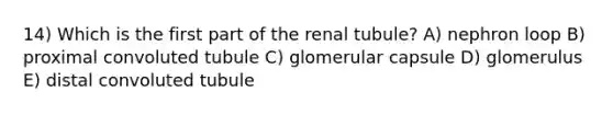 14) Which is the first part of the renal tubule? A) nephron loop B) proximal convoluted tubule C) glomerular capsule D) glomerulus E) distal convoluted tubule