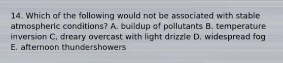 14. Which of the following would not be associated with stable atmospheric conditions? A. buildup of pollutants B. temperature inversion C. dreary overcast with light drizzle D. widespread fog E. afternoon thundershowers