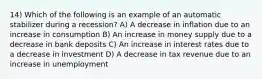 14) Which of the following is an example of an automatic stabilizer during a recession? A) A decrease in inflation due to an increase in consumption B) An increase in money supply due to a decrease in bank deposits C) An increase in interest rates due to a decrease in investment D) A decrease in tax revenue due to an increase in unemployment