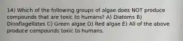 14) Which of the following groups of algae does NOT produce compounds that are toxic to humans? A) Diatoms B) Dinoflagellates C) Green algae D) Red algae E) All of the above produce compounds toxic to humans.