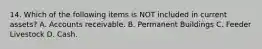 14. Which of the following items is NOT included in current assets? A. Accounts receivable. B. Permanent Buildings C. Feeder Livestock D. Cash.