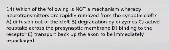 14) Which of the following is NOT a mechanism whereby neurotransmitters are rapidly removed from the synaptic cleft? A) diffusion out of the cleft B) degradation by enzymes C) active reuptake across the presynaptic membrane D) binding to the receptor E) transport back up the axon to be immediately repackaged