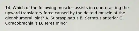 14. Which of the following muscles assists in counteracting the upward translatory force caused by the deltoid muscle at the glenohumeral joint? A. Supraspinatus B. Serratus anterior C. Coracobrachialis D. Teres minor