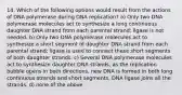 14. Which of the following options would result from the actions of DNA polymerase during DNA replication? a) Only two DNA polymerase molecules act to synthesize a long continuous daughter DNA strand from each parental strand; ligase is not needed. b) Only two DNA polymerase molecules act to synthesize a short segment of daughter DNA strand from each parental strand; ligase is used to connect these short segments of both daughter strands. c) Several DNA polymerase molecules act to synthesize daughter DNA strands, as the replication bubble opens in both directions, new DNA is formed in both long continuous strands and short segments. DNA ligase joins all the strands. d) none of the above