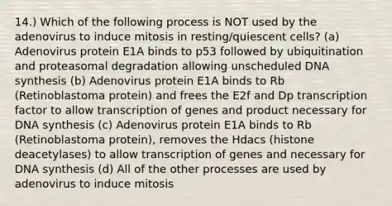 14.) Which of the following process is NOT used by the adenovirus to induce mitosis in resting/quiescent cells? (a) Adenovirus protein E1A binds to p53 followed by ubiquitination and proteasomal degradation allowing unscheduled DNA synthesis (b) Adenovirus protein E1A binds to Rb (Retinoblastoma protein) and frees the E2f and Dp transcription factor to allow transcription of genes and product necessary for DNA synthesis (c) Adenovirus protein E1A binds to Rb (Retinoblastoma protein), removes the Hdacs (histone deacetylases) to allow transcription of genes and necessary for DNA synthesis (d) All of the other processes are used by adenovirus to induce mitosis