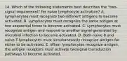 14. Which of the following statements best describes the "two-signal requirement" for naive lymphocyte activation? A. Lymphocytes must recognize two different antigens to become activated. B. Lymphocytes must recognize the same antigen at two sequential times to become activated. C. Lymphocytes must recognize antigen and respond to another signal generated by microbial infection to become activated. D. Both naive B and naive T lymphocytes must simultaneously recognize antigen for either to be activated. E. When lymphocytes recognize antigen, the antigen receptors must activate twosignal transduction pathways to become activated.