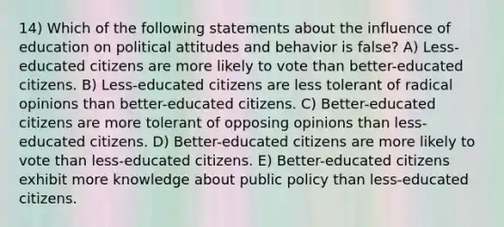 14) Which of the following statements about the influence of education on political <a href='https://www.questionai.com/knowledge/kmpCi3pFT6-attitudes-and-behavior' class='anchor-knowledge'>attitudes and behavior</a> is false? A) Less-educated citizens are more likely to vote than better-educated citizens. B) Less-educated citizens are less tolerant of radical opinions than better-educated citizens. C) Better-educated citizens are more tolerant of opposing opinions than less-educated citizens. D) Better-educated citizens are more likely to vote than less-educated citizens. E) Better-educated citizens exhibit more knowledge about public policy than less-educated citizens.