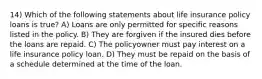 14) Which of the following statements about life insurance policy loans is true? A) Loans are only permitted for specific reasons listed in the policy. B) They are forgiven if the insured dies before the loans are repaid. C) The policyowner must pay interest on a life insurance policy loan. D) They must be repaid on the basis of a schedule determined at the time of the loan.