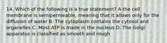 14. Which of the following is a true statement? A the cell membrane is semipermeable, meaning that it allows only for the diffusion of water B. The cytoplasm contains the cytosol and organelles C. Most ATP is made in the nucleus D. The Golgi apparatus is classified as smooth and rough