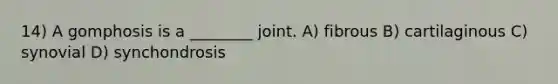 14) A gomphosis is a ________ joint. A) fibrous B) cartilaginous C) synovial D) synchondrosis