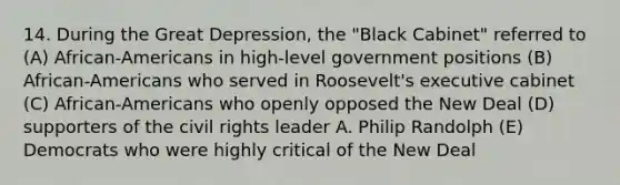 14. During the Great Depression, the "Black Cabinet" referred to (A) African-Americans in high-level government positions (B) African-Americans who served in Roosevelt's executive cabinet (C) African-Americans who openly opposed the New Deal (D) supporters of the civil rights leader A. Philip Randolph (E) Democrats who were highly critical of the New Deal