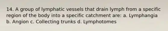 14. A group of lymphatic vessels that drain lymph from a specific region of the body into a specific catchment are: a. Lymphangia b. Angion c. Collecting trunks d. Lymphotomes