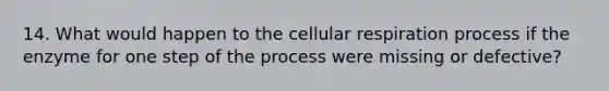 14. What would happen to the cellular respiration process if the enzyme for one step of the process were missing or defective?