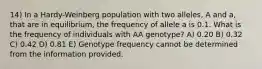 14) In a Hardy-Weinberg population with two alleles, A and a, that are in equilibrium, the frequency of allele a is 0.1. What is the frequency of individuals with AA genotype? A) 0.20 B) 0.32 C) 0.42 D) 0.81 E) Genotype frequency cannot be determined from the information provided.