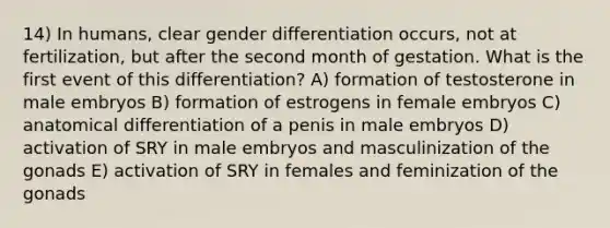 14) In humans, clear gender differentiation occurs, not at fertilization, but after the second month of gestation. What is the first event of this differentiation? A) formation of testosterone in male embryos B) formation of estrogens in female embryos C) anatomical differentiation of a penis in male embryos D) activation of SRY in male embryos and masculinization of the gonads E) activation of SRY in females and feminization of the gonads