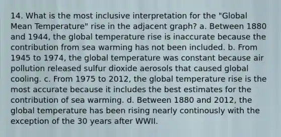 14. What is the most inclusive interpretation for the "Global Mean Temperature" rise in the adjacent graph? a. Between 1880 and 1944, the global temperature rise is inaccurate because the contribution from sea warming has not been included. b. From 1945 to 1974, the global temperature was constant because air pollution released sulfur dioxide aerosols that caused global cooling. c. From 1975 to 2012, the global temperature rise is the most accurate because it includes the best estimates for the contribution of sea warming. d. Between 1880 and 2012, the global temperature has been rising nearly continously with the exception of the 30 years after WWII.