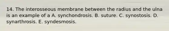 14. The interosseous membrane between the radius and the ulna is an example of a A. synchondrosis. B. suture. C. synostosis. D. synarthrosis. E. syndesmosis.