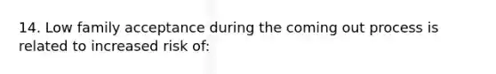 14. Low family acceptance during the coming out process is related to increased risk of: