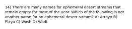 14) There are many names for ephemeral desert streams that remain empty for most of the year. Which of the following is not another name for an ephemeral desert stream? A) Arroyo B) Playa C) Wash D) Wadi