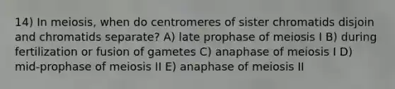 14) In meiosis, when do centromeres of sister chromatids disjoin and chromatids separate? A) late prophase of meiosis I B) during fertilization or fusion of gametes C) anaphase of meiosis I D) mid-prophase of meiosis II E) anaphase of meiosis II