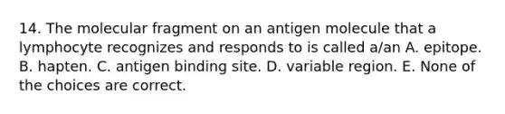 14. The molecular fragment on an antigen molecule that a lymphocyte recognizes and responds to is called a/an A. epitope. B. hapten. C. antigen binding site. D. variable region. E. None of the choices are correct.