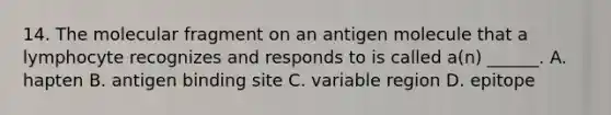 14. The molecular fragment on an antigen molecule that a lymphocyte recognizes and responds to is called a(n) ______. A. hapten B. antigen binding site C. variable region D. epitope