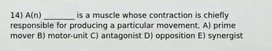 14) A(n) ________ is a muscle whose contraction is chiefly responsible for producing a particular movement. A) prime mover B) motor-unit C) antagonist D) opposition E) synergist