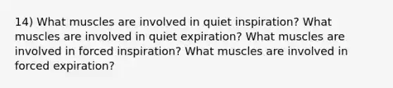 14) What muscles are involved in quiet inspiration? What muscles are involved in quiet expiration? What muscles are involved in forced inspiration? What muscles are involved in forced expiration?