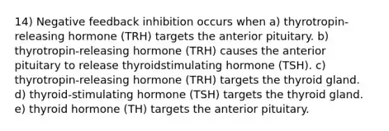 14) Negative feedback inhibition occurs when a) thyrotropin-releasing hormone (TRH) targets the anterior pituitary. b) thyrotropin-releasing hormone (TRH) causes the anterior pituitary to release thyroidstimulating hormone (TSH). c) thyrotropin-releasing hormone (TRH) targets the thyroid gland. d) thyroid-stimulating hormone (TSH) targets the thyroid gland. e) thyroid hormone (TH) targets the anterior pituitary.