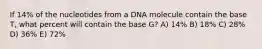 If 14% of the nucleotides from a DNA molecule contain the base T, what percent will contain the base G? A) 14% B) 18% C) 28% D) 36% E) 72%