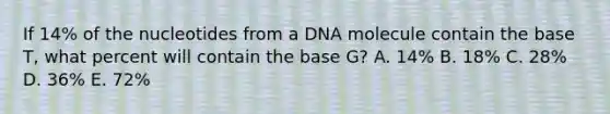 If 14% of the nucleotides from a DNA molecule contain the base T, what percent will contain the base G? A. 14% B. 18% C. 28% D. 36% E. 72%