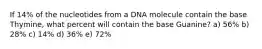 If 14% of the nucleotides from a DNA molecule contain the base Thymine, what percent will contain the base Guanine? a) 56% b) 28% c) 14% d) 36% e) 72%