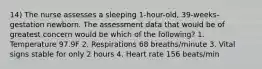 14) The nurse assesses a sleeping 1-hour-old, 39-weeks-gestation newborn. The assessment data that would be of greatest concern would be which of the following? 1. Temperature 97.9F 2. Respirations 68 breaths/minute 3. Vital signs stable for only 2 hours 4. Heart rate 156 beats/min