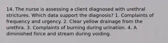 14. The nurse is assessing a client diagnosed with urethral strictures. Which data support the diagnosis? 1. Complaints of frequency and urgency. 2. Clear yellow drainage from the urethra. 3. Complaints of burning during urination. 4. A diminished force and stream during voiding.