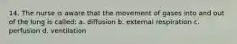 14. The nurse is aware that the movement of gases into and out of the lung is called: a. diffusion b. external respiration c. perfusion d. ventilation