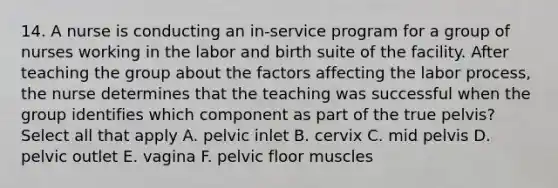 14. A nurse is conducting an in-service program for a group of nurses working in the labor and birth suite of the facility. After teaching the group about the factors affecting the labor process, the nurse determines that the teaching was successful when the group identifies which component as part of the true pelvis? Select all that apply A. pelvic inlet B. cervix C. mid pelvis D. pelvic outlet E. vagina F. pelvic floor muscles