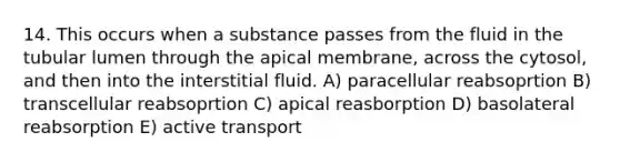 14. This occurs when a substance passes from the fluid in the tubular lumen through the apical membrane, across the cytosol, and then into the interstitial fluid. A) paracellular reabsoprtion B) transcellular reabsoprtion C) apical reasborption D) basolateral reabsorption E) active transport