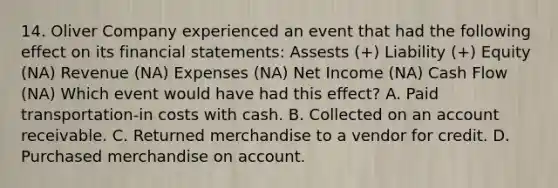 14. Oliver Company experienced an event that had the following effect on its financial statements: Assests (+) Liability (+) Equity (NA) Revenue (NA) Expenses (NA) Net Income (NA) Cash Flow (NA) Which event would have had this effect? A. Paid transportation-in costs with cash. B. Collected on an account receivable. C. Returned merchandise to a vendor for credit. D. Purchased merchandise on account.