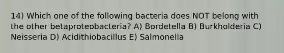 14) Which one of the following bacteria does NOT belong with the other betaproteobacteria? A) Bordetella B) Burkholderia C) Neisseria D) Acidithiobacillus E) Salmonella