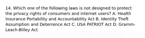 14. Which one of the following laws is not designed to protect the privacy rights of consumers and internet users? A. Health Insurance Portability and Accountability Act B. Identity Theft Assumption and Deterrence Act C. USA PATRIOT Act D. Gramm-Leach-Bliley Act