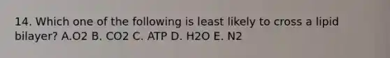 14. Which one of the following is least likely to cross a lipid bilayer? A.O2 B. CO2 C. ATP D. H2O E. N2