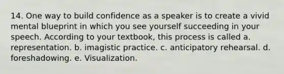 14. One way to build confidence as a speaker is to create a vivid mental blueprint in which you see yourself succeeding in your speech. According to your textbook, this process is called a. representation. b. imagistic practice. c. anticipatory rehearsal. d. foreshadowing. e. Visualization.